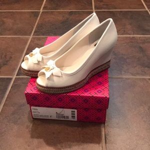 Tory Burch- Jackie ivory peep toe wedge. Size 8.